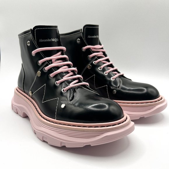 Alexander McQueen Shoes - Alexander McQueen Hybrid Black and Pink Leather Lace-Up Boots